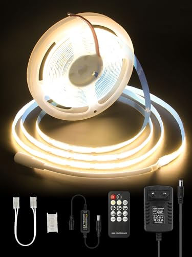 ALITOVE Dimmbar 12V COB LED Streifen Warmweiß 3000K 5M Lichtband Selbstklebend mit Fernbedienung 1600LEDs Leisten IP20 für Zimmer Küche TV Hintergrundbeleuchtung Wohnmobil DIY Lighting