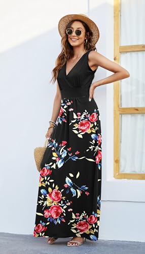 Image of AUSELILY Maxi Dresses for Women Summer Casual Sleeveless V Neck Wrap Dress | Sleeveless Long maxi dress with wrap V neck & side pockets, for formal cocktail, beach & casual daily wear