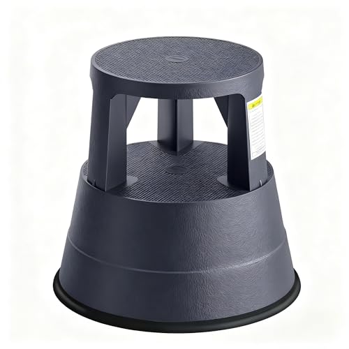 Upgraded Rolling Step Stool with Wheels,550LBS Capacity,Non-Slip Platform&Retractable Casters,Heavy-Duty Round Kick Stool for Library,Kitchen, Office, Garage,Portable for Adults/Seniors/Kids (Black)