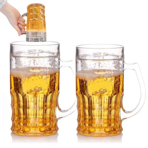 Fake Beer Glasses,400ml Double Layer Funny Beer Stein,Plastic Fake Double Fake Beer Mugs with Handles Mezzanine,Large Capacity Funny Prank Drinking Cup,for Bar Beverages,Prank and Parties (2pcs)
