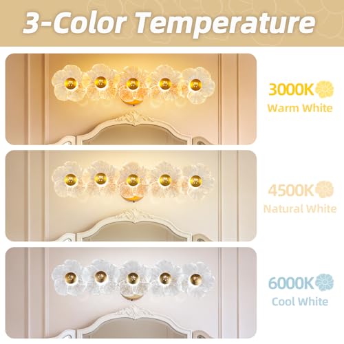 Image of 26.7 inch Gold Bathroom Light Fixtures 5 Light Floral Vanity Lights, 3-Color Dimmable Bathroom Vanity Light Elegant Led Wall Lights Cordless Wall Sconces for Decor,Bathroom,Livingroom