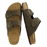 CUSHIONAIRE Lane Cork Footbed Mens Sandals, Adjustable Buckle Comfort Slides for Men, Genuine Leather Insole Summer Sandals Men Footwear, OLIVE 10