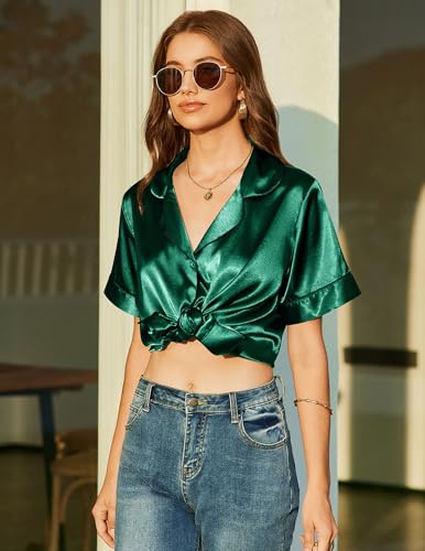 Image of Ekouaer Womens Pajamas Silk Stain Pj Sets Top and Shorts Sleepwear Short Sleeve Lounge Set Green,Small