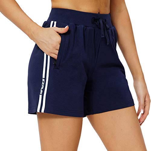 EZRUN Women's Workout Sweat Shorts Cotton Bermuda Shorts Lounge Gym Yoga Athletic Shorts with Zipper Pockets(Blue,XL)