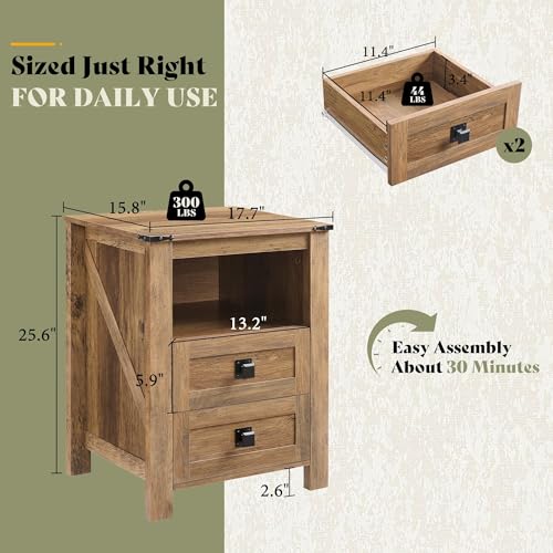 Image of AMERLIFE Farmhouse Nightstand Set of 2, Wooden Side Table with Drawers & Open Shelf, Narrow /Small Bedside End Table, Wood Night Stand for Bedroom /Dorm /Home Office, Rustic Honey Brown