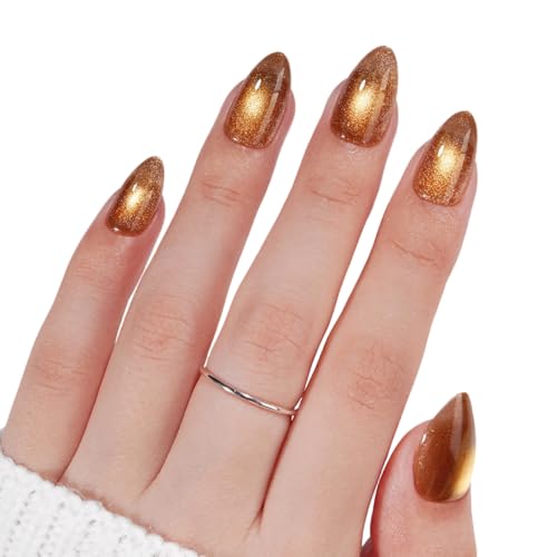 VSALON Press On Nails Short Almond, Brown Cat Eye Sparkle Fake Nails Kit