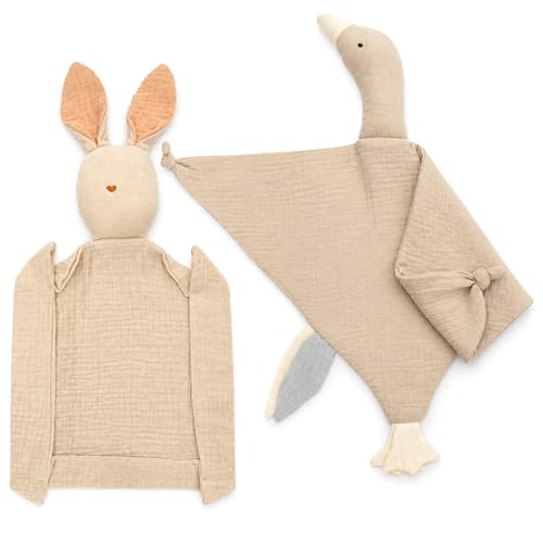 Image of 2-Pack Bunny & Goose Baby Lovey Security Blankets, Soft, Breathable Cotton Muslin, Unisex for Newborns & Infants (Khaki Set)