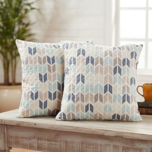 Image of STITCHNEST 'QuadraNest' Series Printed Quilted Velvet Cushion Cover 16x16 Inch Set of 2 | Premium Soft Fabric, Washable & Fade Resistant | Decorative Living Room Cushion Covers | Beige & Blue Chevron