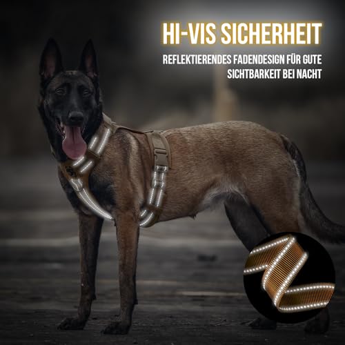 OneTigris Hundegeschirr, Diesel Einstellbar Taktisches Geschirr Weich Gepolstert Brustgeschirr für mittelgroße und große Hunde mit Reflektierend, 1 Griff, 3 D-Ringe (Braun, M)