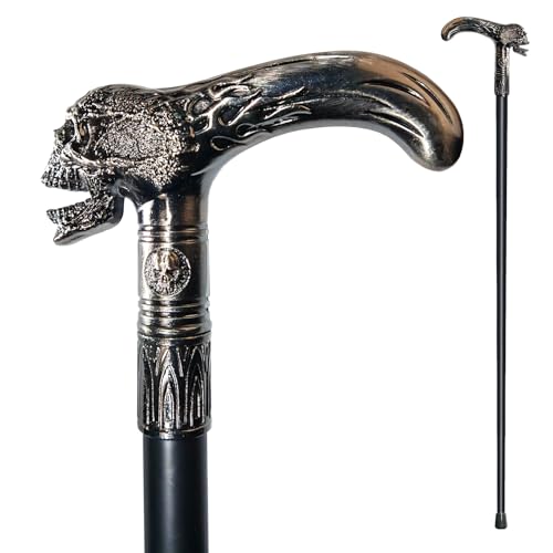 YIVIYAR Walking Cane for Men & Women & Seniors - 36.5 Inch Heavy Duty 500+ lbs Capacity Skull Ergonomic Handle Decorative & Ornate Design Gothic & Goth Elegant Black & Silver Artistry Metal Cane
