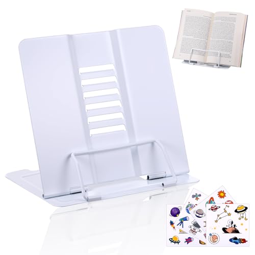 Kssvzz Atril de libros para niños, soporte de lectura plegable de metal con 6 posiciones ajustables, ajustable para escuela, cocina y oficina, color blanco