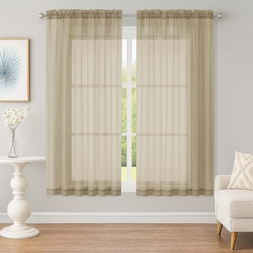 Image of OWENIE Sheer Taupe Curtains, Sheer Curtains 63 inch Length 2 Panels Set, Rod Pocket Voile Fimly Sheer Drapes for Living Room Bedroom, 2pcs, Taupe, Each 59 inch W x 63 inch L