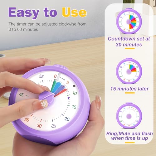 Mwellewm Visual Timer for Kids, 60 Minute Time Digital Pomodoro Timer Countdown with Silent Pause Function for Classroom Kitchen Study Cooking Meetings ADHD Rainbow Pattern(Circle Purple) - Image 5