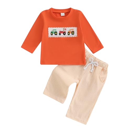 Rtnnsbbfcm Toddler Baby Boy Clothes Long Sleeve Sweatshirt Pullover Tops and Plaid Pants Fall Winter Farm Outfits 2 Piece Set (Truck Orange, 18-24 Months)