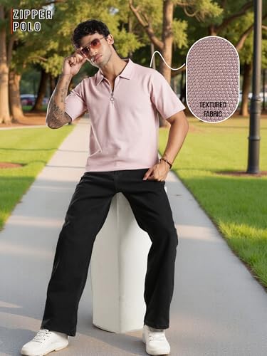 Image of fanideaz Mens Jacquard Tshirt Regular Fit Premium Collar t Shirts for Mens with Classic Style Polo Tshirts Shirts for Men Casual wear and Modern Zipper t Shirts for Men