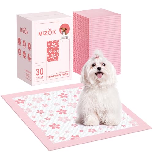 Image of MIZOK Puppy Pads Pink 22x22in, Stay-Put Training Mats with Pheromone Attractant, Decorative Cherry Blossom 6-Layer Absorbent Dog Pee Pads, Disposable (30 Count)