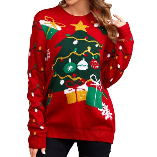 IFFEI Womens Christmas Jumpers Crew Neck Long Sleeve Tree Print Knitted Xmas Sweater Pullover Sweatshirts XL
