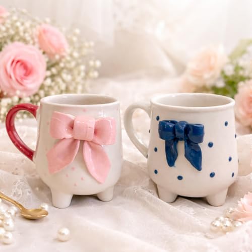 Image of Ceramic Bow Cup with Legs (Blue & Pink) - Set of 2 Cute Aesthetic Coffee Mugs | Designer Tea Cups for Girls | Microwave & Dishwasher Safe | Unique Gift for Birthday, Best Friend & Special Occasions
