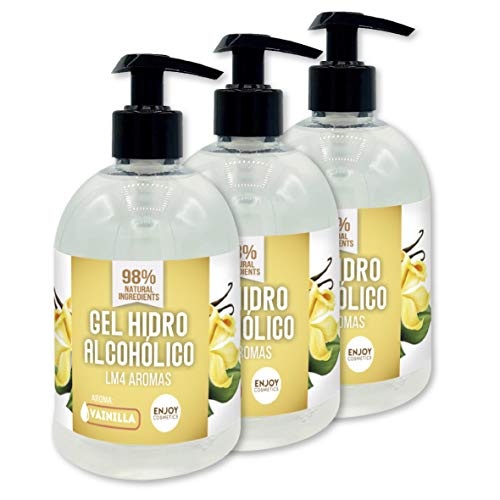 Gel hidroalcoólico novo AROMAS 3 unidades de 500 ml com 70% álcool e com glicerina natural para o cuidado da pele. 98% ingredientes naturais. (VAINILLA)