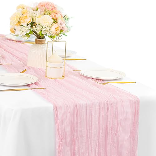 Light Pink Cheesecloth Table Runner 10FT Runner for Tables Gauze Fabric 35 x 120 Inches Long Boho Table Runner Decoration Rustic Sheer Runner for Wedding Birthday Baby Shower Party (Light Pink)