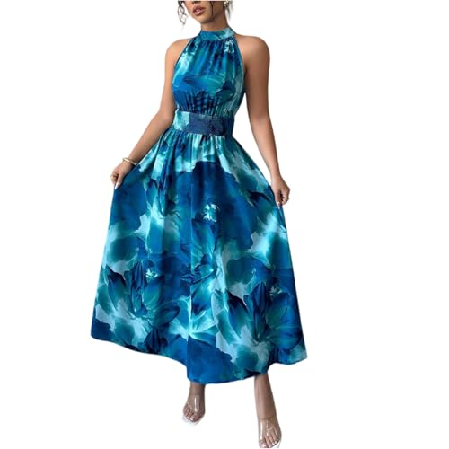 Vestido midi de mujer con falda amplia de flores y mangas fruncidas estilo casual