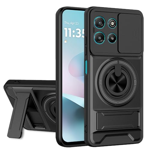 Image of AESTMO Moto G67 Power / G57 Power 5G Back Cover | Armor Camera Slider 360 Degree Rotating Finger Ring Holder Case with Bracket Stand Back Case Cover (Compatible with MagSafe Accessories) (Black)