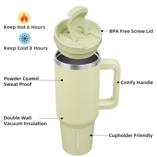 Image of BJPKPK Tumbler With Handle 40 oz Stainless Steel Insulated Tumbler With Lid And Straw For Water Or Ice Coffee,Macaron Green