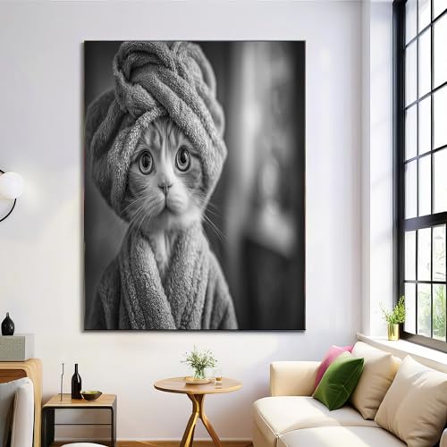 Cuadros decoración pared de gato en bata de baño, lienzo grande gris de 60x90 cm para comedor