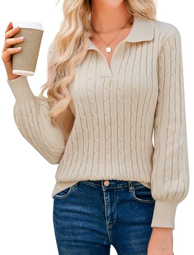 JUSTFASHIONNOW Womens Sweaters Polo V Neck Cable Knit Sweater Dressy Casual Pullover Jumper Tops Fall Winter Trendy