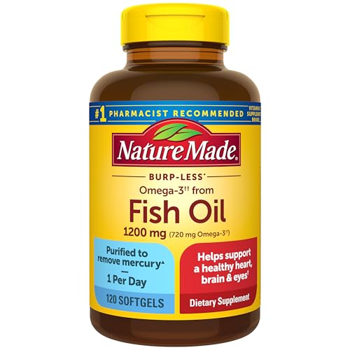 Image of Nature Made Burp Less Fish Oil Omega 3, 1200 mg Softgels, 120 Softgels | EPA DHA Omega 3 Supplement as Ethyl Esters, Fish Oil Softgels for Healthy Heart, Brain and Eye Support, One Per Day