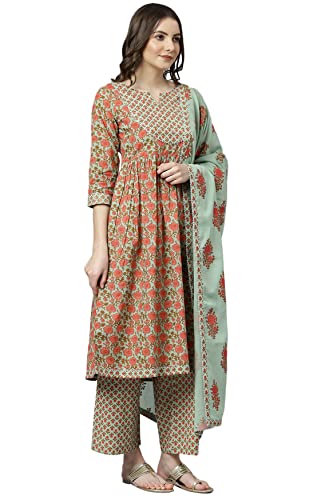 Image of Janasya Women's Light Green Cotton Kurta With Palazzo And Dupatta