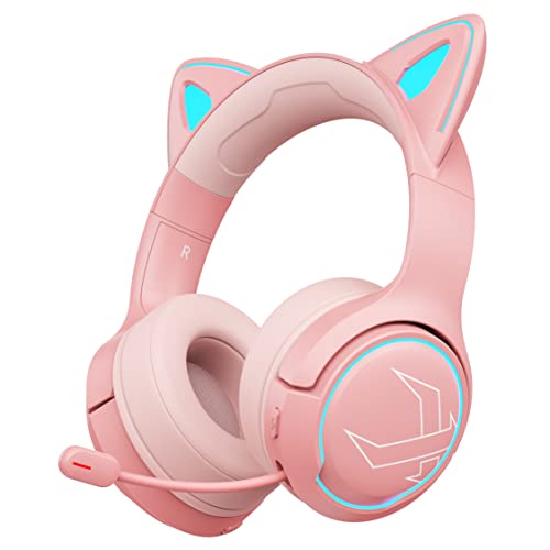 BINNUNE Wireless Gaming Headset with Noise Canceling Microphone for PS4,PS5,PC,Mac,48 Hours Battery Life,2.4G Ultra Low Latency Wireless Bluetooth Gaming Headphones,LED Flowing RGB Light (Pink)