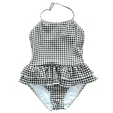 [RAVIR] 【ラヴィール】キッズ 水着 女の子 子供用 ワンピース ギンガムチェック柄 ホルターネック 二段フリル 可愛い ブラック 140