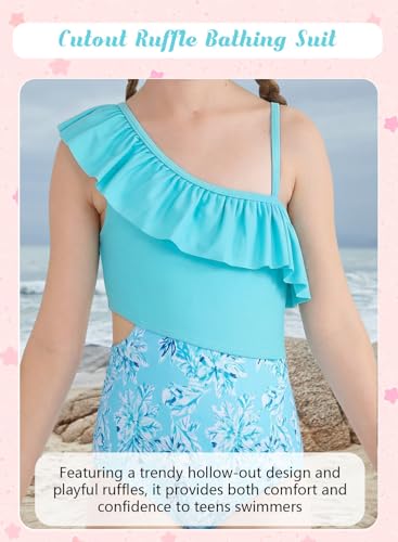 Image of Alakuoti Girls One Piece Swimsuits Cutout Ruffle Bathing Suit Quick Dry Beach Swimwear with Adjustable Strap 5-14 Years