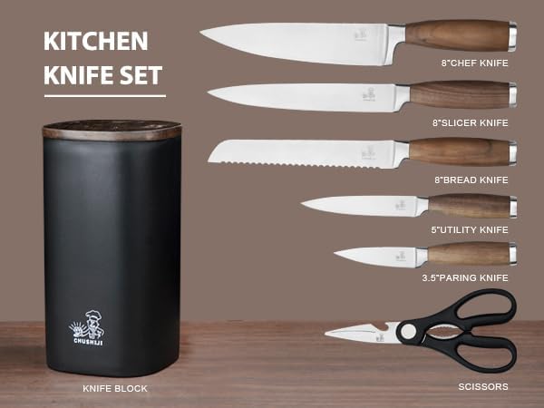 Miniatura 6 de Juego de cuchillos (mango de nogal), juego de cuchillos de cocina negros de 7 piezas para el hogar, juego de cuchillos de chef afilados de acero