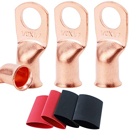 Image of 4pcs 1 /0 AWG-1 /2 inch Battery Lugs,Copper Wire Lugs,UL Listed Heavy Duty Battery Cable Ends,Tubular Ring Terminals,AWG Crimp Wire Ring Lugs,Battery Terminal Connectors with 3:1 Heat Shrink Tubing