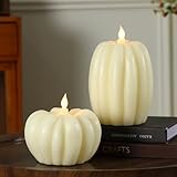 Baquler 2Pcs Large Pumpkin Figural Flameless Candles with Remote Control 4.7' x 6.7', 4.9' x 4.5' Battery Operated Flame LED Candle, Timer Function, for Fall Halloween Home Decor(White)