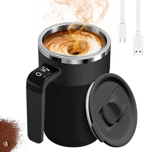 pjpkow Rechargeable Automatic Stirring Coffee Mug with Temperature Display - 13.5oz Stainless Steel Self-Stirring Cup with Lid, Perfect for Coffee, Milk & More (Black)