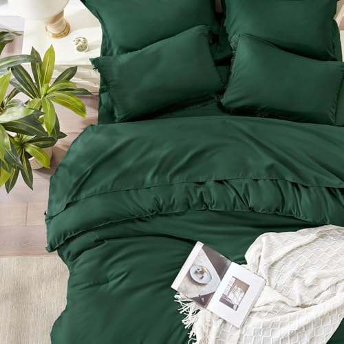 Image of Andency Oversized King Comforter Set Dark Emerald Green 120x98-7 Piece Boho Tassel Bed in a Bag Soft Lightweight Bedding Set, Fringe All Season Bed Set with Comforter, Sheets, Pillowcases & Shams