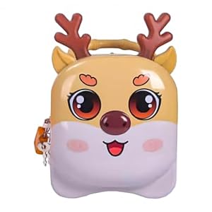 WISHKEY Reindeer Theme Piggy Bank for Kids, Money Saving Container with Lock & Keys, Coin Collector Storage Box with Handle, Money Bank for Boys & Girls, 3+ Years (Pack of 1, Yellow)
