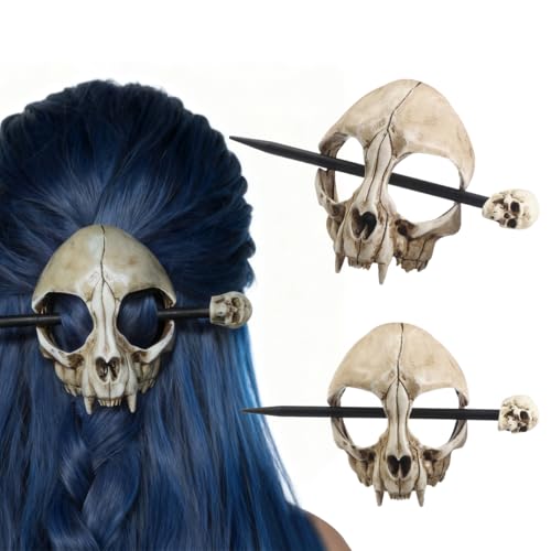 Cat Skull Hair Clip with Wooden Stick Durable Gothic Bone Hair Accessory for Women Handmade Skull Hair Pin Spooky Dark Aesthetic Hair Ornament