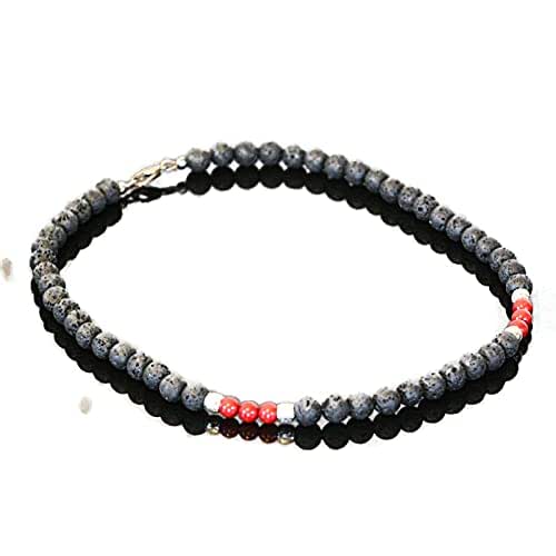 Beaded Choker Necklace for Men Black Volcanic Lava Red