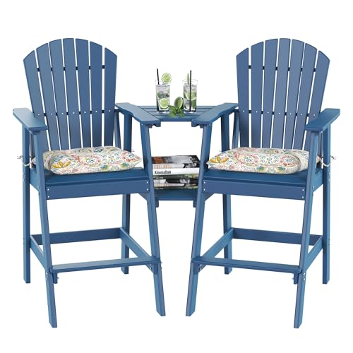 Sundale Outdoor Tall Adirondack Bar Set, Patio Umbrella Table and Bar Chairs Set of 2, 3 Pieces Counter Height Dining Bistro Set, Pub Table with HDPE Stools, 2 Umbrella Hole Caps, Navy Blue