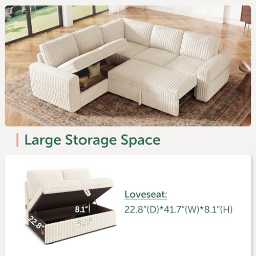 Image of HONBAY Modular Sectional Sleeper Sofa with Pull Out Bed,Corduroy L Shaped Couch with Storage, Sectional Couches for Living Room,Beige