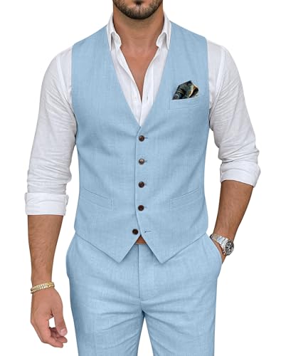 Holivyer   Conjunto de traje de lino casual para hombre, 2 piezas, ajustado, trajes de boda, graduación, padrinos de boda, traje de esmoquin, trajes de playa, chaleco y pantalones, Azul, XXL