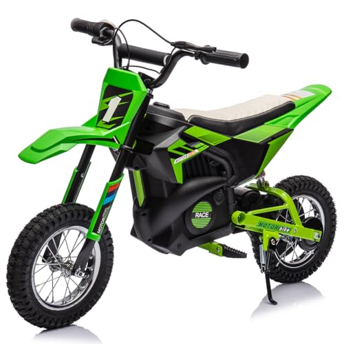 Image of Garvee 24V Kids Electric Off-Road Motorcycle, Ride on 250W Motor 13.6MPH | Fast Speed Dirt Bike, Leather Seat, Twist Grip Throttle, Metal Suspension, Air-Filled Tires for Kids Teens Riding Toy, Green