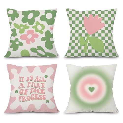 heilkee Danish Pastel Room Decor Aesthetic Sage Green and Pink Throw Pillow Covers Set of 4 Decorative Pillowcase Trendy Square Cushion Case for Living Room Girls Bedroom Dorm,18x18 Inches