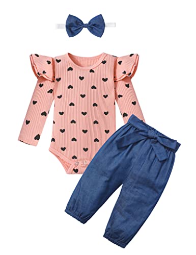 Image of KANGKANG Newborn Baby Girl Clothes Ribbed Ruffle Sleeve Romper + Floral Pants + Headband Cute Infant Baby Girl Outfit 3Pcs