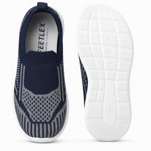 Image of Slip-On Knit Sneakers, Navy Blue, Lightweight Walking Shoes, White Sole