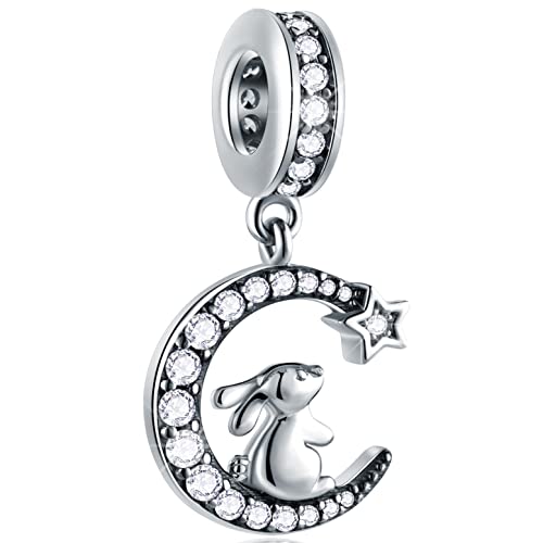 Coniglio Charm sulla Luna Crescente Ciondolo, fit Pandora Bracciale giorno di Pasqua, 925 Argento Sterling Ciondolo Rabbit con Perline Scintillanti CZ Animale, Regalo per Nipote/Natale/Cugino